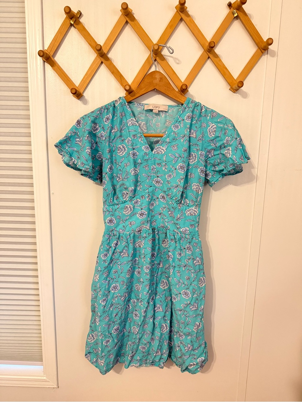 LOFT Turquoise Floral Flutter Sleeve Mini Dress
